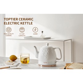 Toptier Electric Ceramic Tea Kettle, Boil Water Quickly and Easily, Detachable Swivel Base & Boil Dry Protection, Carefree Auto Shut Off, 1 L, White Leaf