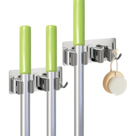 Paquete de 2 soportes de pared para escoba con 2 ranuras y 1 gancho, colgador de escoba, organización de cochera,Colgador y Organizador de Escobas para Trapos, Cepillos, de Fácil Instalación