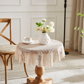 LinenZone Round Lace Tablecloth with Leaves Design. Luxury Linen Tablecloth is 70 Inches in Diameter. Leaf Tablecloth for Farmhouse Table Decor or Rustic Kitchen Decor. (Amelia 70 Round, Linen)