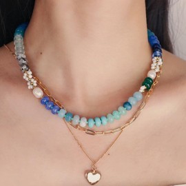 Gleamsail Beaded Necklace for Women, Adjustable Gemstone Choker Colorful Chunky Boho Bead Jewelry for Summer Beach, Rainbow Natural Stone Necklaces Gifts for Mom,Sister,Wife,Friends (Blue)