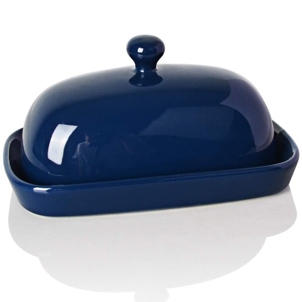 SWEEJAR Ceramics Butter Dish with Lid, Butter Keeper Container, East/West Coast Butter, 7 inches (Navy)