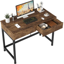 CAIYUN Small Desk for Bedroom, Computer Desk with Drawers, Home Office Desk with Storage, Vanity Desk, Kids Study Writing Desk for Small Space, Vintage Table Made of Wood and Metal, 39.4" Rustic Brown