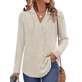 Lylinan Womens Fall Fashion 2025 Long Sleeve Shirts for Women Sweaters Dressy Casual Hoodies Plus Size V Neck Tops Trendy Sweatshirts Laides Outfits Winter Clothing Apricot Medium