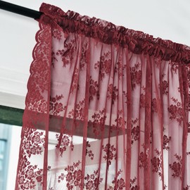 Kotile Burgundy Lace Curtains 63 Inch Length 2 Panels Rustic Floral Cottagecore Maroon Sheer Curtains for Bedroom, Rod Pocket Privacy Light Filtering Vintage Sheer Window Curtains, Each 52 x 63 Inch