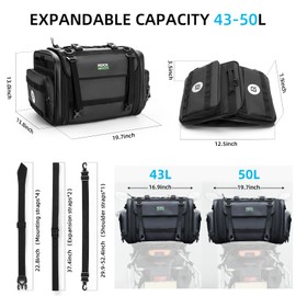 ROCKBROS Motorcycle Tail Bag 50L Expandable Motorcycle Travel Luggage Bag Motorcycle Rear Seat Saddle Bag, Motorbike Accessories Storage Bag with Waterproof Rain Cover Black