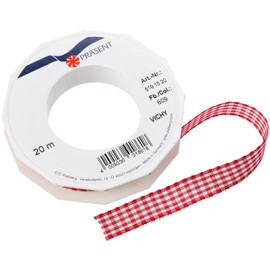 PRÄSENT Vichy Geschenkband rot/weiß, 20 m Dekoband zum Verzieren & Basteln, 15 mm Breite, Kariertes Band für Bunte Dekos & Geschenkverpackungen, zu feierlichen Anlässen