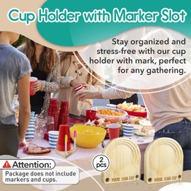 2Pcs Cup Holder with Marker Slot - Wooden Cup Holder with Marker Slot Suitable for Marking Cup Holders at Party, Kitchen Countertop, Picnic and Social Gathering