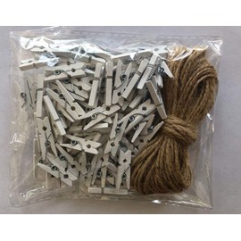 DurReus 100 Pcs Tiny Wood Clothespins Craft DIY Display Decorative Photo Keeper Frame with Jute Twine White