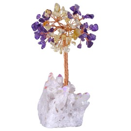 Nupuyai Amethyst and Citrine Tumbled Stones Crystal Money Tree Copper Wrapped on White AB Titanium Coated Crystal Base Figurine Decor for Wealth and Luck 4.5-5.5 Inches