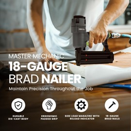 Master Mechanic Pneumatic 18 Gauge Die Cast Brad Nailer, Lightweight Aluminum, Side Load Magazine, Drives 3/8" to 2" Nails for Trim, Base Molding