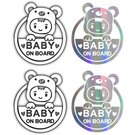 4 Pcs Reflective Baby on Board Stickers for Cars, Caution Car Window Bumper Safety Warning Sign Waterproof Vinyl Sticker 4 Pcs Reflective White or 4 Pcs Laser Color