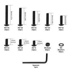 261 Piece M5 Screws Set, Black Allen Screws Nuts Set with Washers Set, Threaded Screws with Nuts, Pan Head Screws and Nuts, Bicycle Screws Set, with Key
