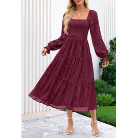MEROKEETY Women's Fall Long Sleeve Floral Midi Dress Smocked Ruffle Tiered Square Neck Wedding Guest Dresses Pockets, Wine, Large