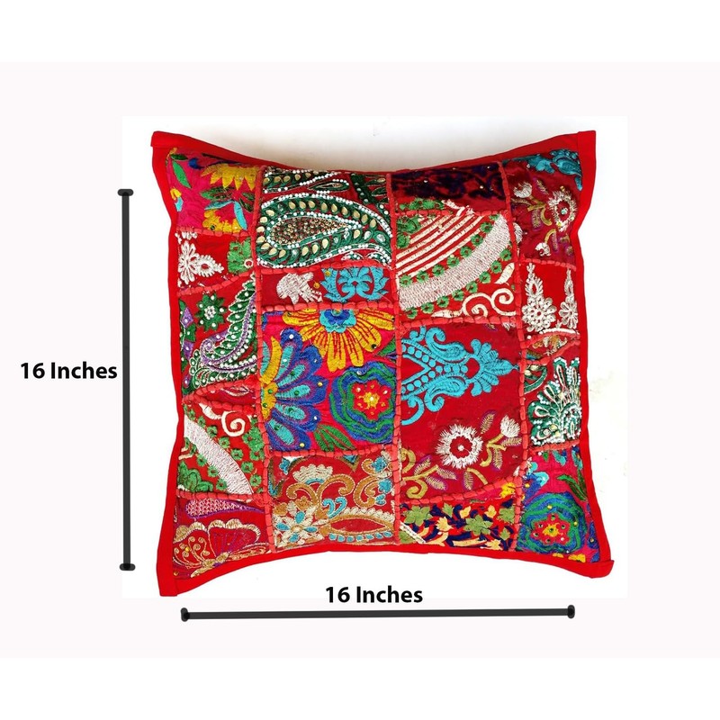 Rastogi Handicrafts Handgefertigtes Patchwork-Kissen, Sari-Patchwork-Kissen, indisch, ethnisch, bestickt, Sari-Patchwork-Kissenbezug, Rot