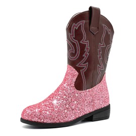 xinlanlin Girls Cowboy Boots Kids Embroidered Square Toe Mid Calf Glitter Western Cowgirl Boot Side Zipper Shoes Pink