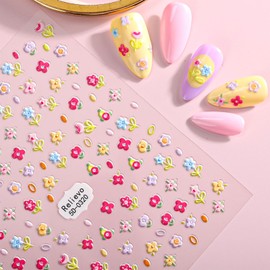 DUKASOU Colorful Flower Nail Stickers for Nail Art, 5D Embossed Nails Art Stickers Decals Self Adhesive Floral Nail Sticker for Women Spring Nails Sticker Decoration