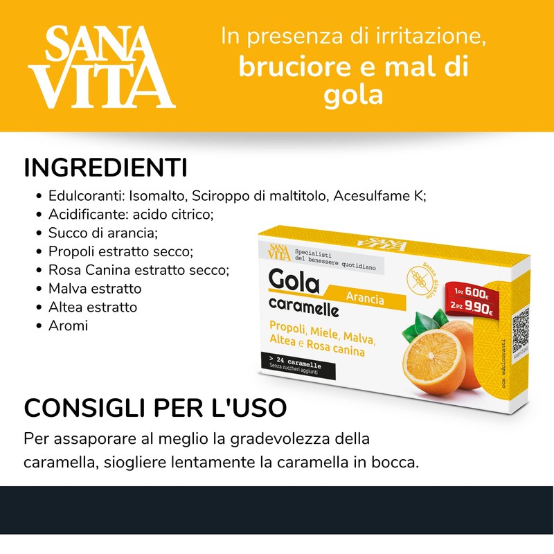 Sanavita Gola Arancia Confezione da 24 caramelle Incartate singolarmente