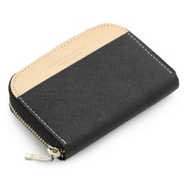 [ABIES] Made in Japan Genuine Leather Round Zipper Coin Purse Prism (Embossed Cowhide with Square Grain Pattern), Black