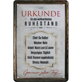 WOGEKA ART Retro Tin Sign - Certificate for Well-deserved Retirement - as a Gift Idea 20 x 30 cm Vintage Decorative Metal Sign 59