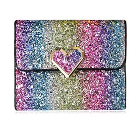 Bestmaple Multicolor Metal Sequins Small Wallet PU Leather Patchwork Hasp Mini Wallet for Women Girls Money Wallet Card Coins Bag, Heart button, Small, Sequins