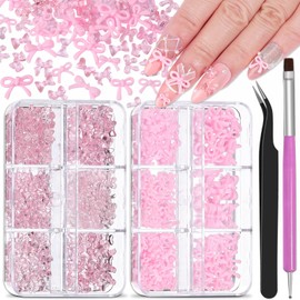 2 Boxes 3D Bow Nail Charms, Pink Mini Bow Charms Transparent/Solid Resin Bow with Pickup Tools for Women Nail Decorations DIY Craft