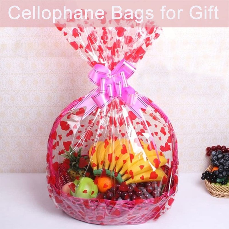 20 Pack Cellophane Basket Bags with Pull Bow Set Christmas