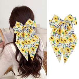 Sunflower Hair Bows for Women Girls, Daisy Flower Bee Blue Flower Bow Hair Clips Yellow Long Ribbon Barrettes Hairpin Hawaii Silk Satin Large Ribbon Clip Cute Spring Summer Flowers Hair Accessories