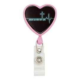Jesus Saved My Life EKG Heart Rate Pulse Religious Christian Heart Lanyard Retractable Reel Badge ID Card Holder - Pink