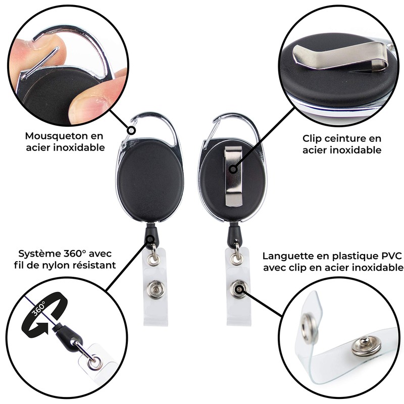 Badge Holder with Black Reel, Retractable Carabiner Clip, Belt Clip,