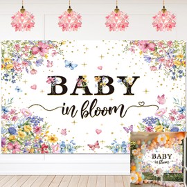 Baby in Bloom Backdrop Wildflower Baby Shower Party Photography Background Spring Floral Gold Glitter Butterfly Banner for Girls Baby Shower Newborn Birthday Party Decorations (82x59 inch (7x5FT))