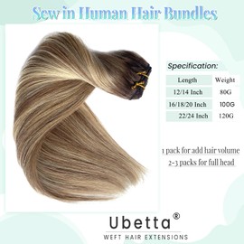 Sew In Real Human Hair Weft Extensions, 14 Inch 80G Ombre Brown Balayage Blonde Highlights, Human Hair Weave Bundles for Women