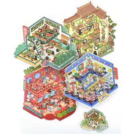 New 4PCS Fun DIY Stickers Scene，Cute 3D Korean Cartoon Scene Sticker for Adult and Children Relief Stress Pass The Time，Mini House Sticker with Tweezers
