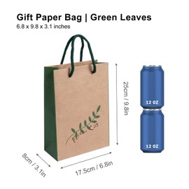 Pomei 25 PCS Gift Paper Bags- Grass Leaves, Printed Kraft Paper with Green Handles, 6.8"x9.8"x3.1", Paper Bags for Gifting, Stationaries, Groceries, Retail, and Shopping. Durable and Stylish.