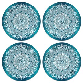 CARIBOU Coasters , Teal & White Mandala Design Absorbent ROUND Fabric Felt Neoprene Coasters for Drinks, 4pcs Set