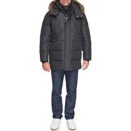 Andrew Marc Men's Gattica Down Parka Jacket with Removable Faux Fur Trimmed Hood and Bib, Black, Medium