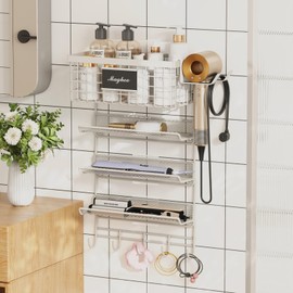 Magheo Hair Dryer Holder Wall Mounted, Adheisve Hair Styling Tool Organizer for hair Brush/Appliance Wall Mount with 5 Tier Shelf Basket Hooks Blow Dryer and Straightener Holder for Bathroom(White)