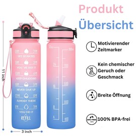 Drinking Bottle, 1 Litre, BPA-Free Tritan Water Bottle with Straw, Sports Water Bottle with Time Marking for Fitness, School, Yoga, Outdoor (Blue Pink)