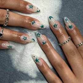 Long Almond Press on Nails, Natural Glossy Full Cover Reusable False Nails with Sticky Tabs, Artificial Acrylic Fake Nails with Green Star Rhinestones Designs, Stick on Nails with Charm for Women