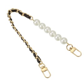 sourcing map Leather Wristlet Strap, 350mm/14-inch Imitation Pearl Short Handle Hand Wrist Purse Chain Strap Replacement for Mobile Case Clutch Wallet Keychain Bags DIY (Black, Gold)