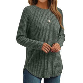 AUTOMET Womens Long Sleeve Shirts Fall Fashion Tops 2025 Crewneck Dressy Sweaters Tunic Winter Clothes Casual Outfits Green XL