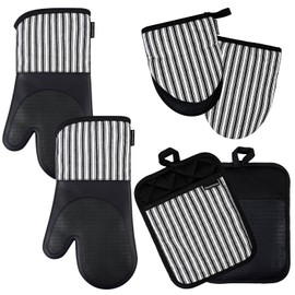Homewear Marlow Silicone Extra Long Oven Mitt and Pot Holder 6 Piece Set with Mini Mitts, Heat and Slip Resistant, Recycled Cotton with Soft Lining, Thick Kitchen Gloves for Cooking and Baking, Grey