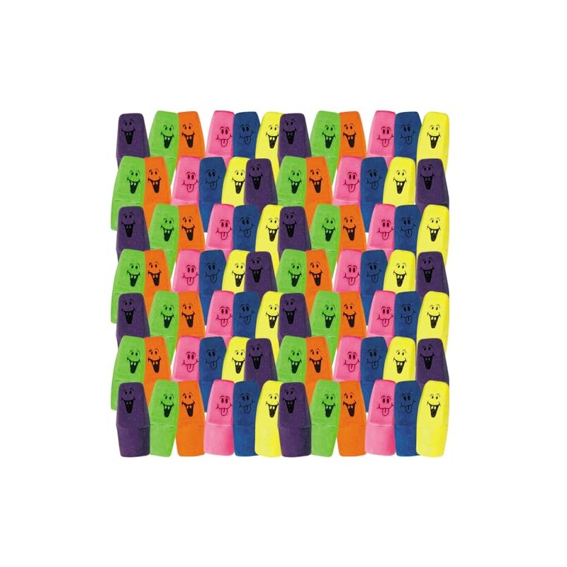 Bright Neon Funny Face Pencil Top Erasers - 1.25" (Pack