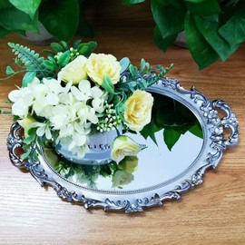 Yamfurga Oval Decorative Mirror Tray, French Style Flower Frame, Makeup Organizer, Jewelry Organizer, Serving Tray, 9.8"x 14.6", Golden Silver