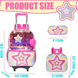 ZBAOGTW Star Rolling Backpack for Girls with Lunch Box Kids Backpack with Wheels for School Sequin Trolley Trip Rolling Backpack for Kindergarten Girls