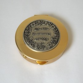 Abbey + CA Gift Communion Pyx Box with Chalice Lid Decal, Polished Brass Catholic Host Holder, 2 ⅛”, Holds 12-15 hosts