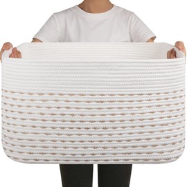 OIAHOMY 75L Blanket Basket, Woven Cotton Rope Basket for Organizing 22”x17”x12”, Used for Living Room, Bedroom, Nursery, Light Yellow & White