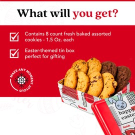 David’s Fresh Baked Assorted Cookies Sweet Sampler in Happy Easter Tin 8 Count - Chocolate Chunk, Peanut Butter Chip, Double Chocolate Chunk & Oatmeal Raisin Flavor, Delicious Gourmet Easter Gift