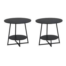 D&H FURNIMMT 20" Living Room Side Table Set of 2 for Small Spaces, 2 Tier Wood Top Round End Tables with Storage Shelf, Accent Sofa Table for Bedroom, Office, Sunroom, Balcony, Black