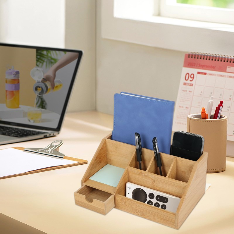 Desk Organizer, Modern Simple Bamboo Wooden Office Desktop Storage Organizer