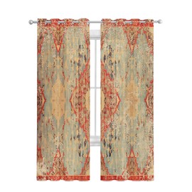Onekaccu Geometric Boho Sheer Curtains 84 Inch Length 2 Panels Set, Grommet Kitchen Curtains Sheer Window Curtain for Living Room Bedroom Light & Airy Privacy Drapes Rustic Bohemian Floral Tribal Orange